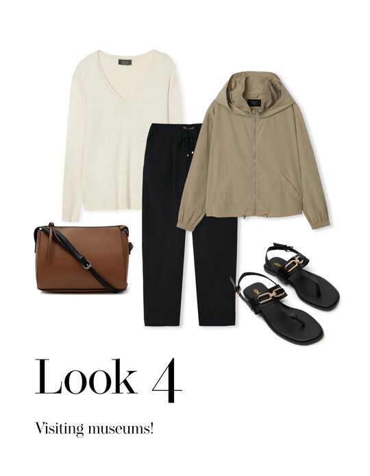 Look with knit sweater, flowy pants, shoulder bag and sandals